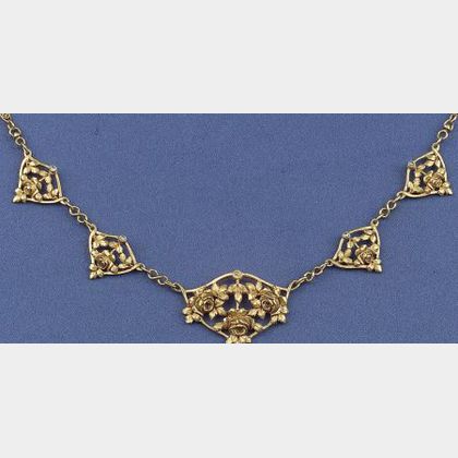 Art Nouveau 18kt Gold and Diamond Necklet, France