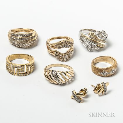 18kt Gold and Diamond Ring, Five 14kt Gold and Diamond Rings, and a Pair of 14kt Gold Earrings