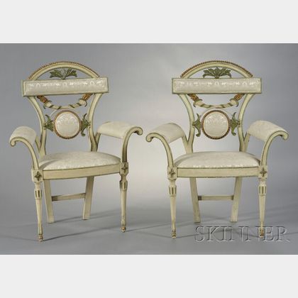 Pair of Italian Directoire-style Carved, Painted, and Parcel-gilt Armchairs