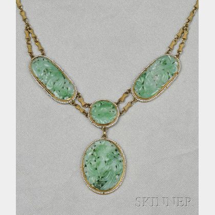 14kt Gold, Jadeite, and Seed Pearl Necklace