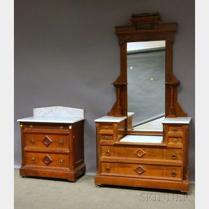 Victorian White Marble-top Walnut Drop-well Mirrored Bureau and Three-drawer Chest. 