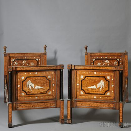 Pair of Italian Neoclassical-style Inlaid Walnut Twin Beds