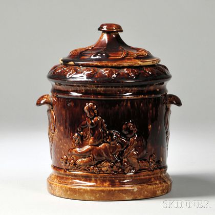 Large Rockingham Glazed Molded Pottery Jar with Cover