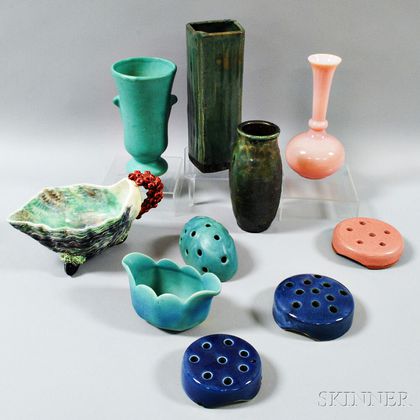 Three Weller Flower Frogs, Two Van Briggle Pieces, and Five Other Art Pottery and Glass Items