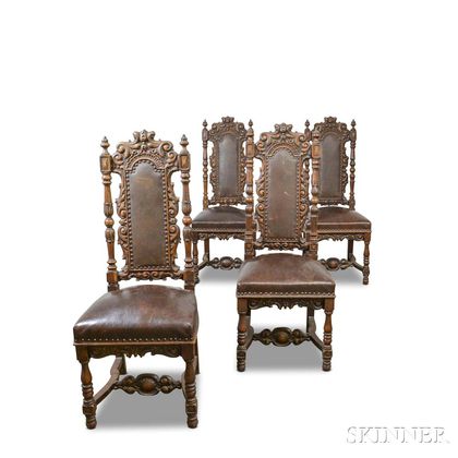 Set of Four Baroque-style Carved Oak and Leather-upholstered Side Chairs