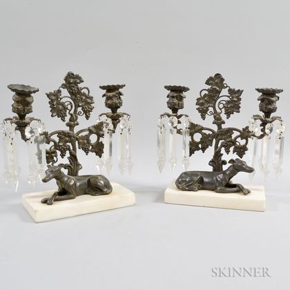 Pair of Cast Metal and Crystal Dog-form Two-light Candelabra. Estimate $20-200