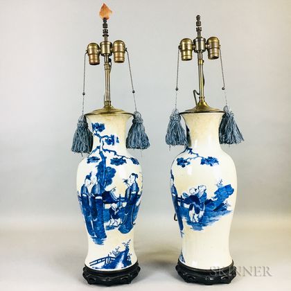 Pair of Blue and White Cream-ground Lamp Vases