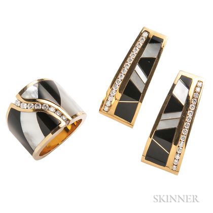 18kt Gold, Onyx, Mother-of-pearl, and Diamond Earrings and Ring