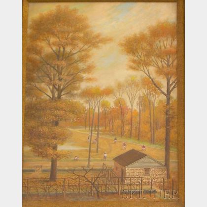 Framed Oil on Canvas Autumn Park Scene by Ernst L. Bartsch (American, 1898-1936)