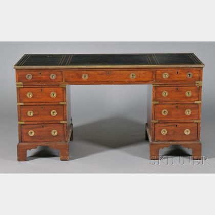 British Colonial Campaign-style Brass-mounted Camphorwood Pedestal Desk