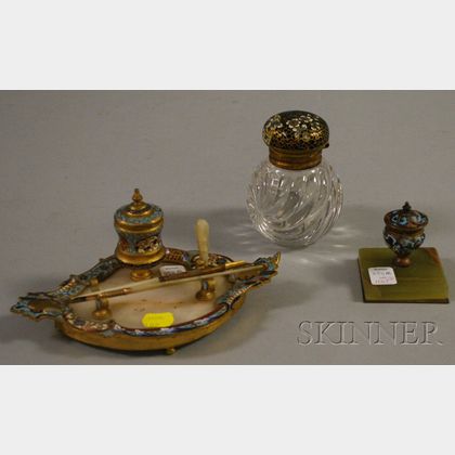 Two French Champleve Decorated Inkwells and an Inkstand