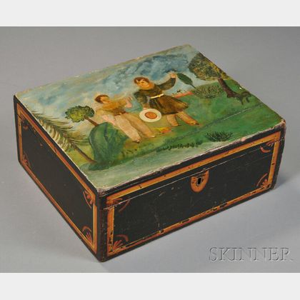 Folk Art Wood Box Paint-decorated with Two Boys in a Landscape
