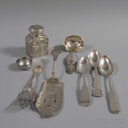 German .800 Silver Repousse Tea Caddy and a Group of Flatware