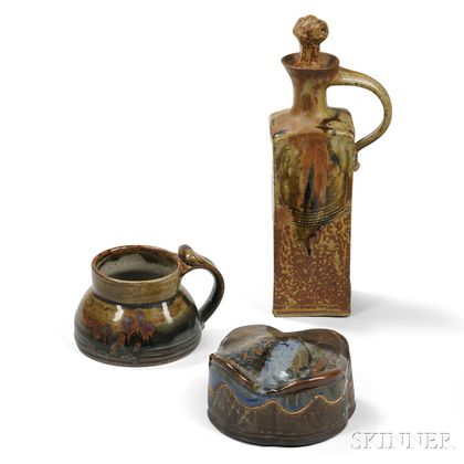 John Glick Pottery Stoppered Bottle, Covered Box, and a Mug