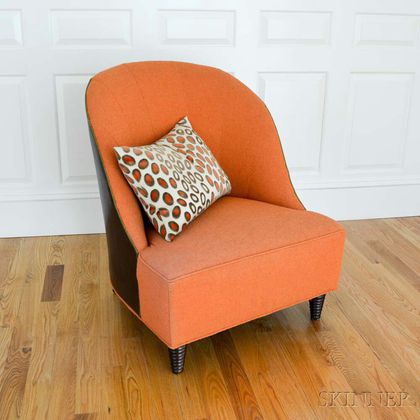 Baker Burnt Orange and Leather-upholstered Club Chair with Accent Cushion