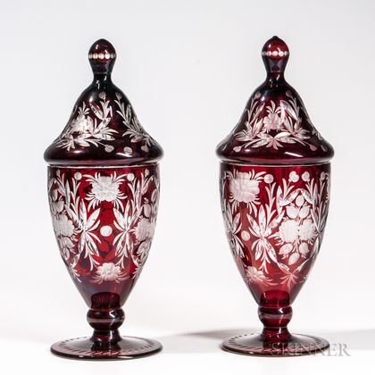 Pair of Bohemian Overlay Glass Jars and Covers