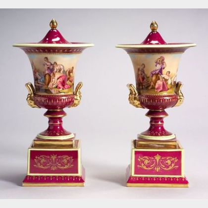 Pair of Austrian Porcelain Campagna Urn Vases and Covers