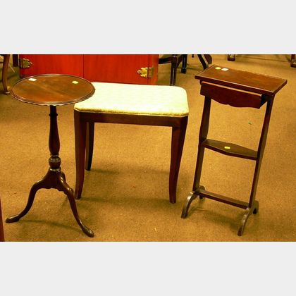 Diminutive Mahogany Sewing Stand with Drawer, an Upholstered Vanity Stool, and a Mahogany Dish-top Kettle Stand... 