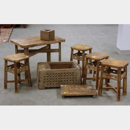 Eight Japanese Pine Furniture and Accessory Items