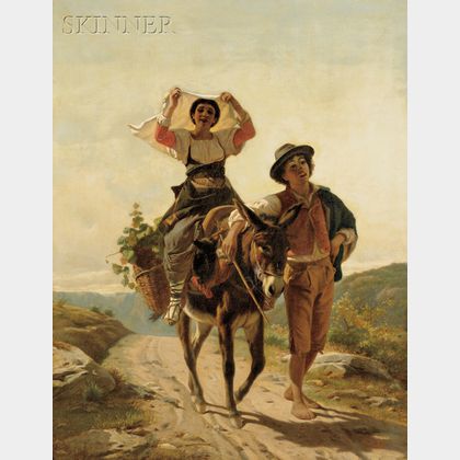 Luigi Bechi (Italian, 1830-1919) Peasant Couple with Donkey on Dirt Road