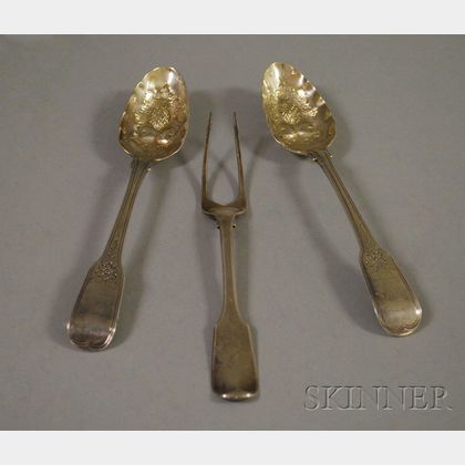 Pair of English Fruit Spoons and a Meat Fork