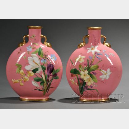 Pair of Minton Porcelain Pink Ground Moon Flasks
