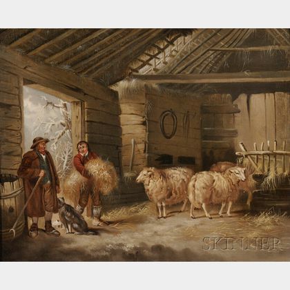 Manner of George Morland (British, 1763-1804) Barn Interior with Sheep