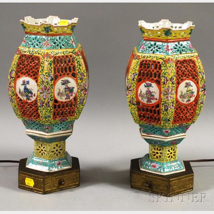 Pair of Chinese Hexagonal Reticulated Porcelain Bride's Lamps