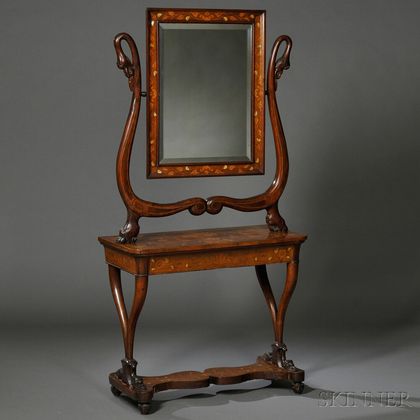 Italian Neoclassical Inlaid Walnut Dressing Table and Mirror