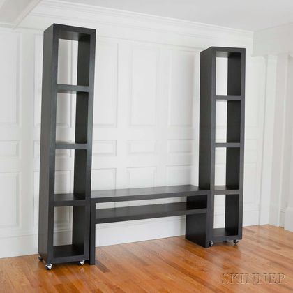 Three-piece Black-lacquered Four-tier Shelf and Low Table