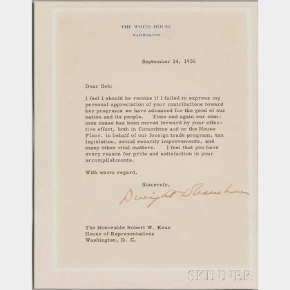 Eisenhower, Dwight D. (1890-1969) Typed Letter Signed, 14 September 1956.