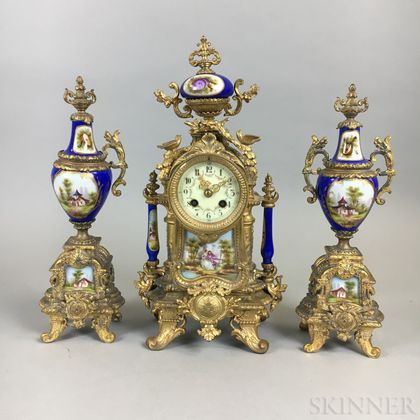 French Brass and Porcelain Three-piece Garniture