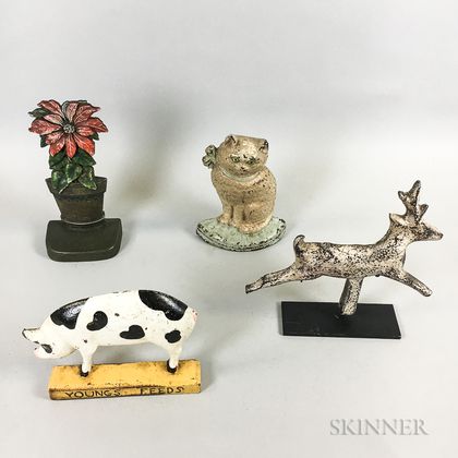 Three Polychrome Cast Iron Doorstops and a Deer-form Gallery Target