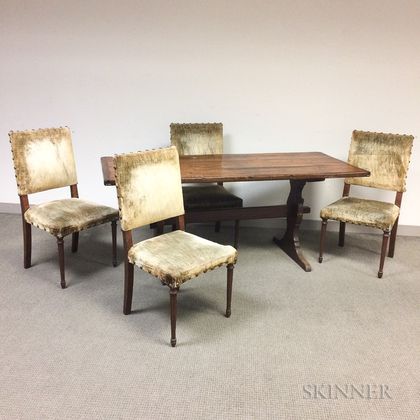 Large Pine Trestle-base Table and a Set of Four Upholstered Side Chairs