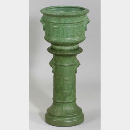 Art Pottery Matte Green Glazed Jardiniere and Pedestal