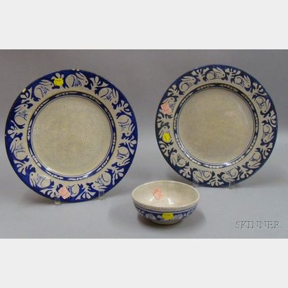 Two Dedham Pottery Rabbit Pattern Chargers and a Small Bowl