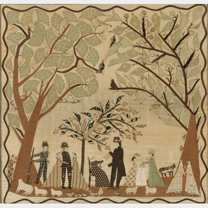 Folk Art Appliqued Needlework Picture of a Family Outing