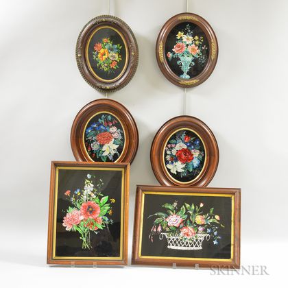 Six Framed Floral Tinsel Pictures