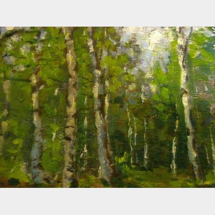 Framed Oil Landscape with Birches