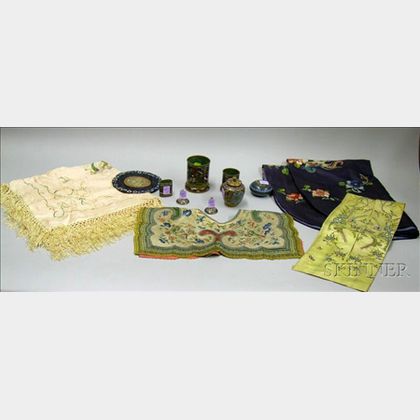 Five Asian Silk Embroidered Textile Articles and Seven Small Asian Cloisonne Items. 