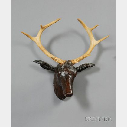 Carved Walnut Stag Head with Antlers