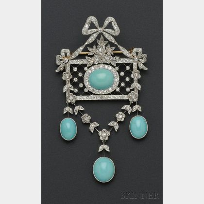 Edwardian Platinum, Turquoise, and Diamond Pendant/Brooch