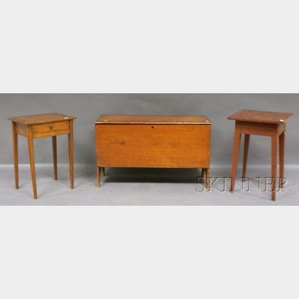 Two Pine Stands with Tapering Legs and a Pine Six-board Blanket Box. Estimate $100-150