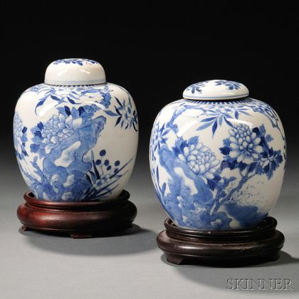 Pair of Blue and White Covered Ginger Jars