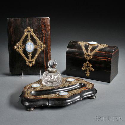 Three Wedgwood and Brass Mounted Calamander Veneer Desk Items