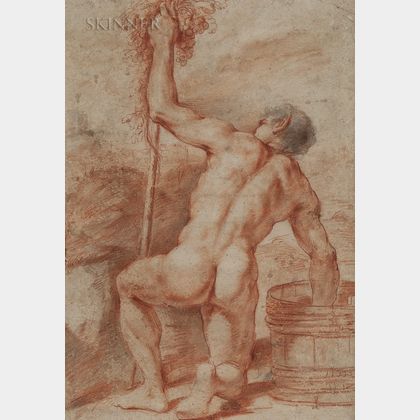 Bolognese School, Late 17th Century Kneeling Male Nude Harvesting Grapes