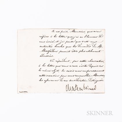 Chateaubriand, Francois-Rene de (1768-1848) Note Signed, July 1824.