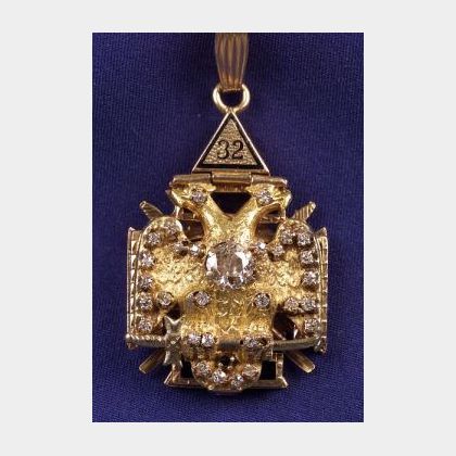 Masonic 10kt Gold, Diamond, and Enamel Pendant
