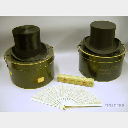 Two Boxed Black Silk Top Hats and a J.E. Caldwell Philadelphia Boxed Bone and Lace Ladys Hand Fan. 