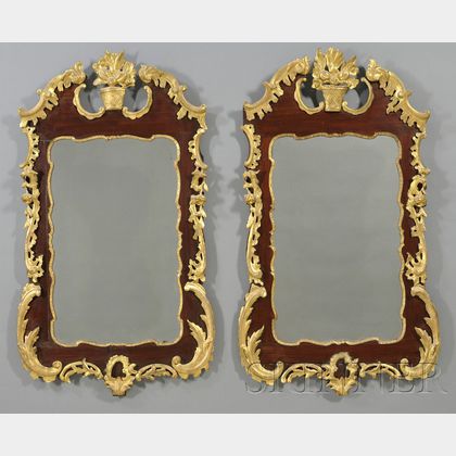 Pair of Chippendale Rococo Mahogany Parcel Gilt and Gesso Carved Looking Glasses